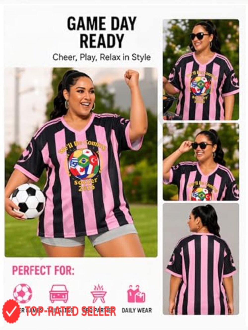 Oversized Plus Size Soccer Jersey V-Neck Tee - 100% Polyester Sports Fan Top - Picture 4 of 5